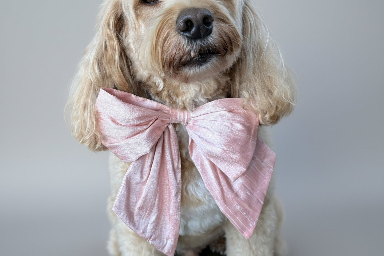 Pink 100% Silk Dupion Sailor Bow tie for dogs on leather collar