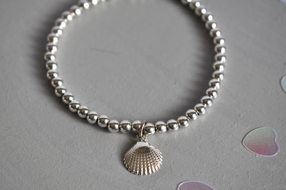 Sterling Silver Beaded Bracelet with Clam Shell Charm