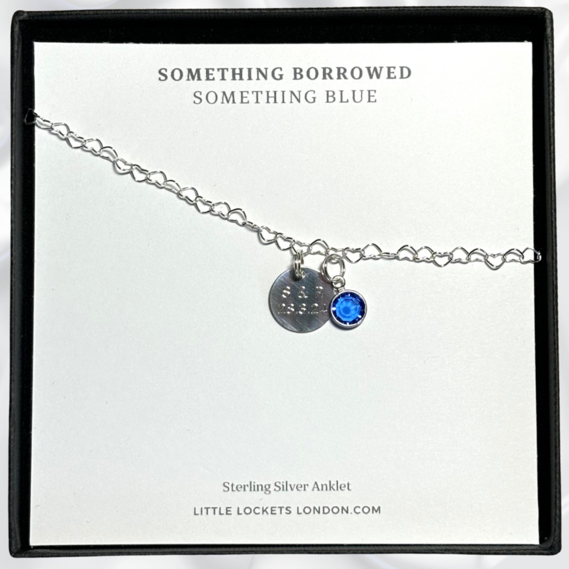 Sterling Silver heart link anklet with something blue sapphire crystal charm with optional round engraved tag