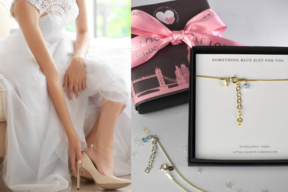 Gold filled anklet shown with upgrade gift box and worn on bride