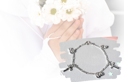 Sterling silver bracelet for child with crosses and heart charms