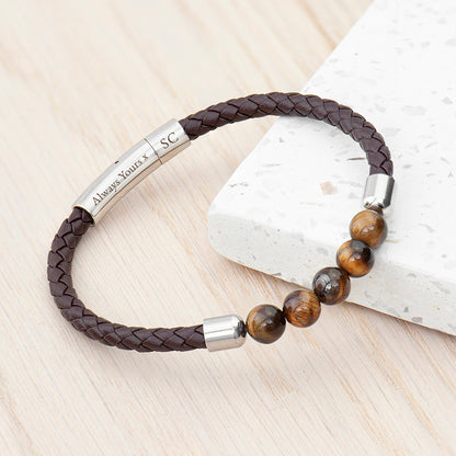 Brown woven leather bracelet with five tiger's eye beads. Barrel clasp engraved with initials and your own message