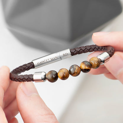 Brown woven leather bracelet with five tiger's eye beads. Barrel clasp engraved with initials and your own message