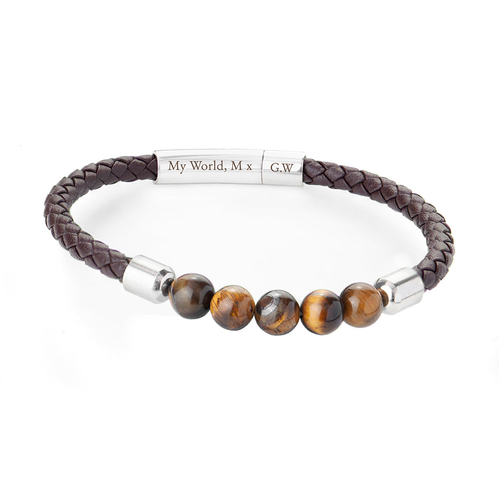 Brown woven leather bracelet with five tiger's eye beads. Barrel clasp engraved with initials and your own message