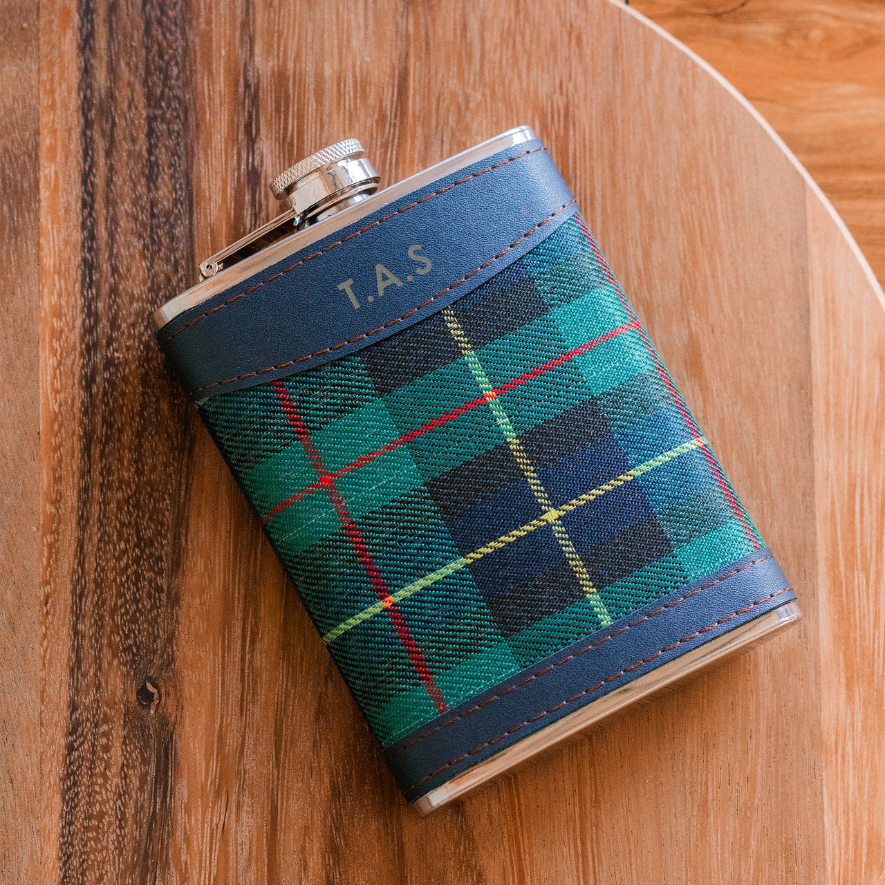 tartan hip flask with faux leather trim and personalised with up to 4 initials