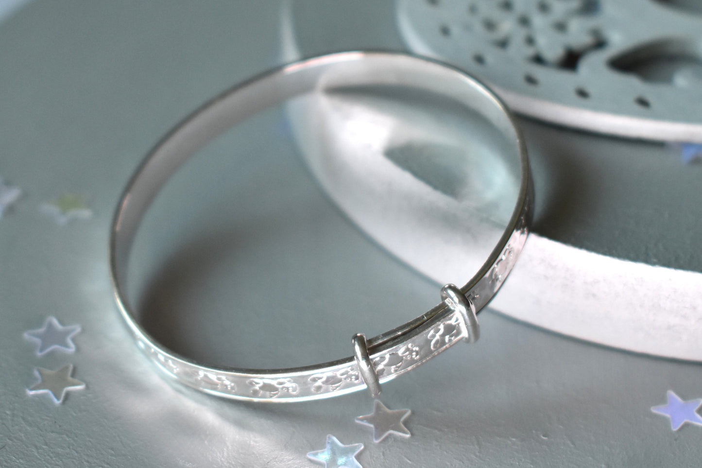 Teddy Bear engraved adjustable sterling silver baby bangle