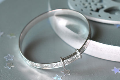 Teddy Bear engraved adjustable sterling silver baby bangle