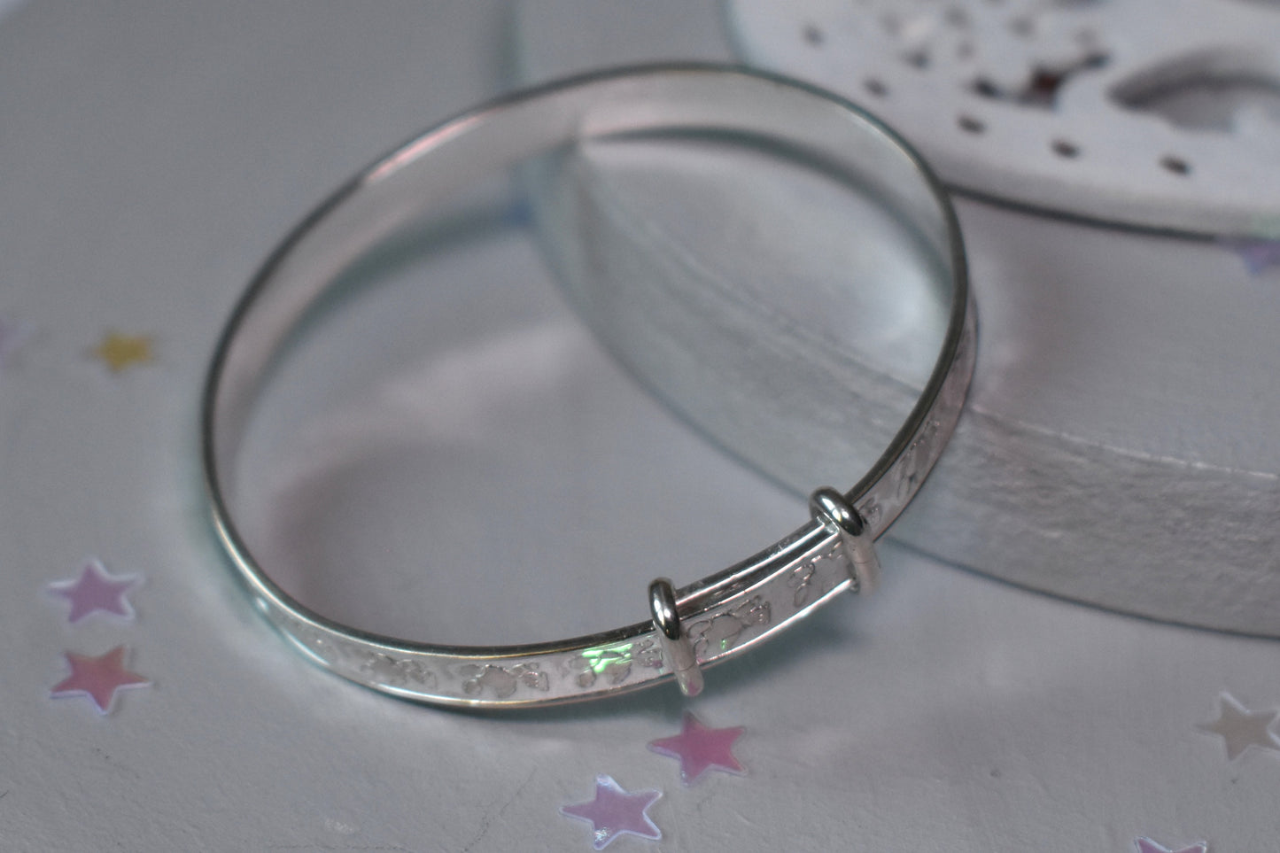 Teddy Bear engraved adjustable sterling silver baby bangle