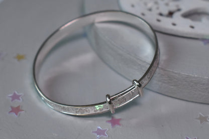Teddy Bear engraved adjustable sterling silver baby bangle