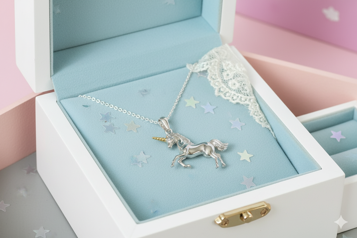 Unicorn necklace in an open jewelry box