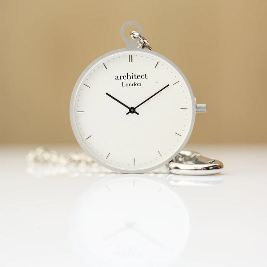 Modern pocket watch with up to five lines of engraved text. Brushed staineless steel case and 300mm chian