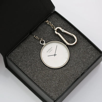 Modern pocket watch with up to five lines of engraved text. Brushed staineless steel case and 300mm chain. Shown in gift box