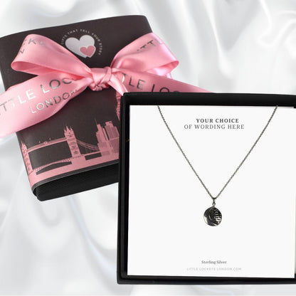 Locket shown in gift box with a card printed with your choice of wording. You can upgrade your packaging to our special gift wrap and ribbon tied bow if you prefer.