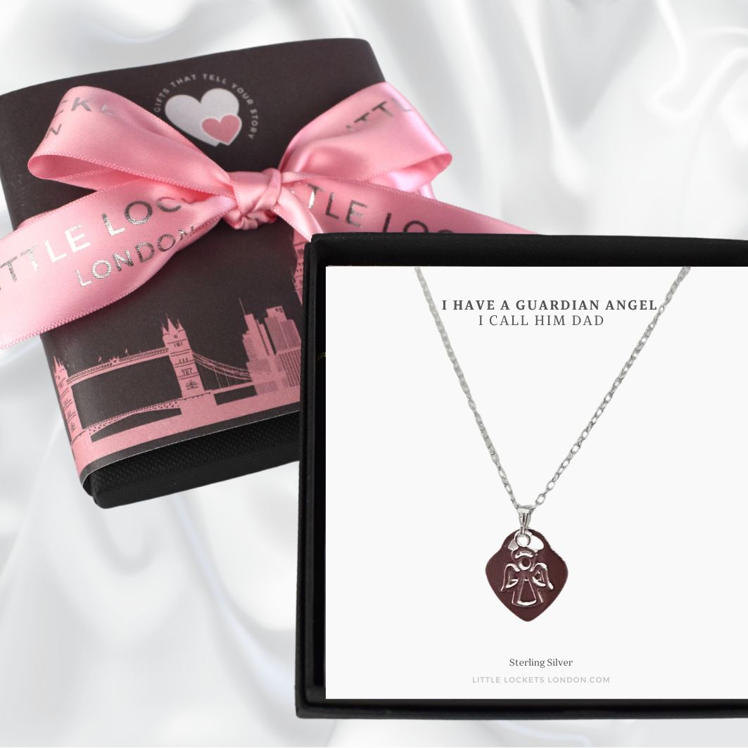 Guardian angel memorial pendant shown on card with the wording "I have a guardian angel, I call him Dad" shown with optional upgraded gift wrap