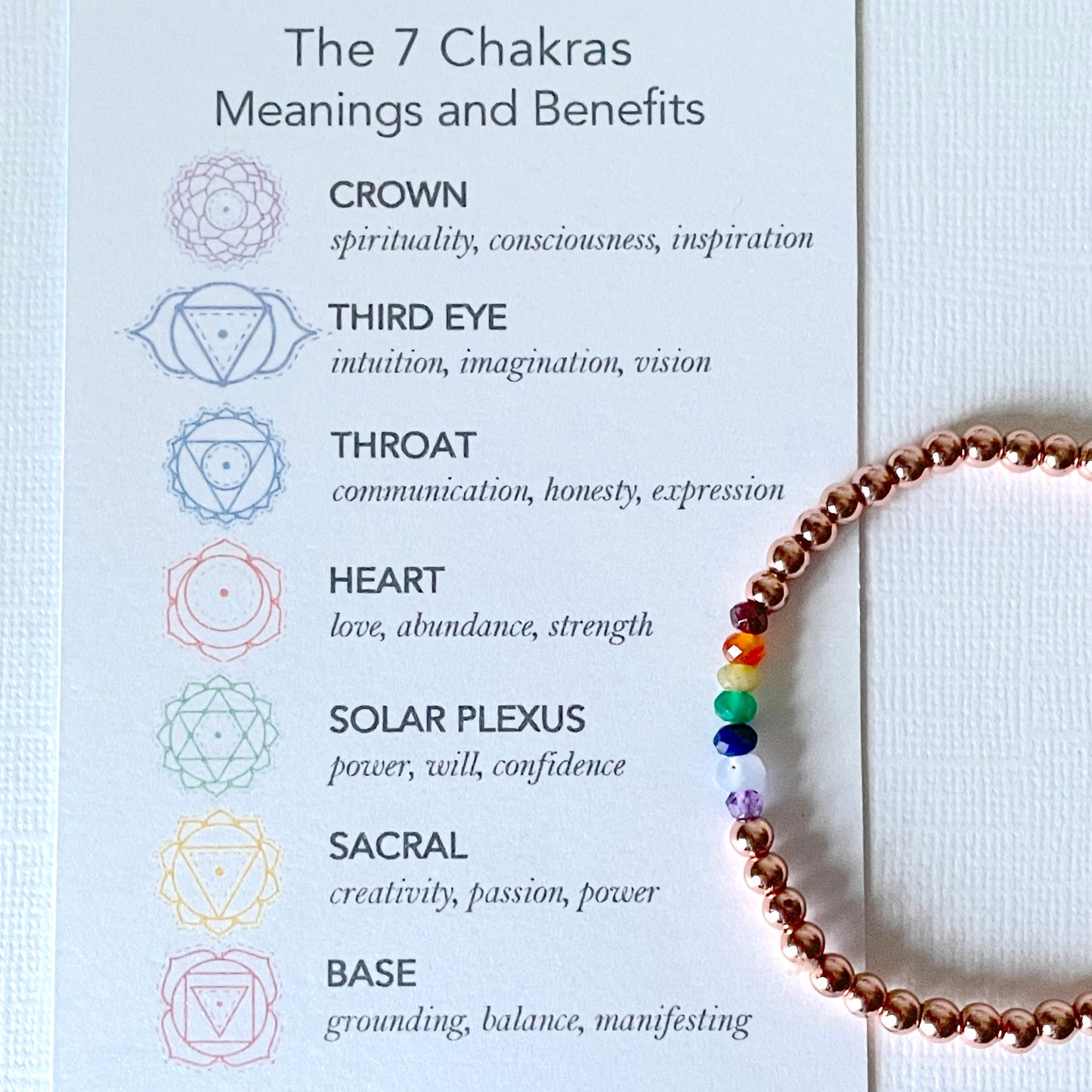 Chakra Bracelet with a card explaining the Meaning and Benefits