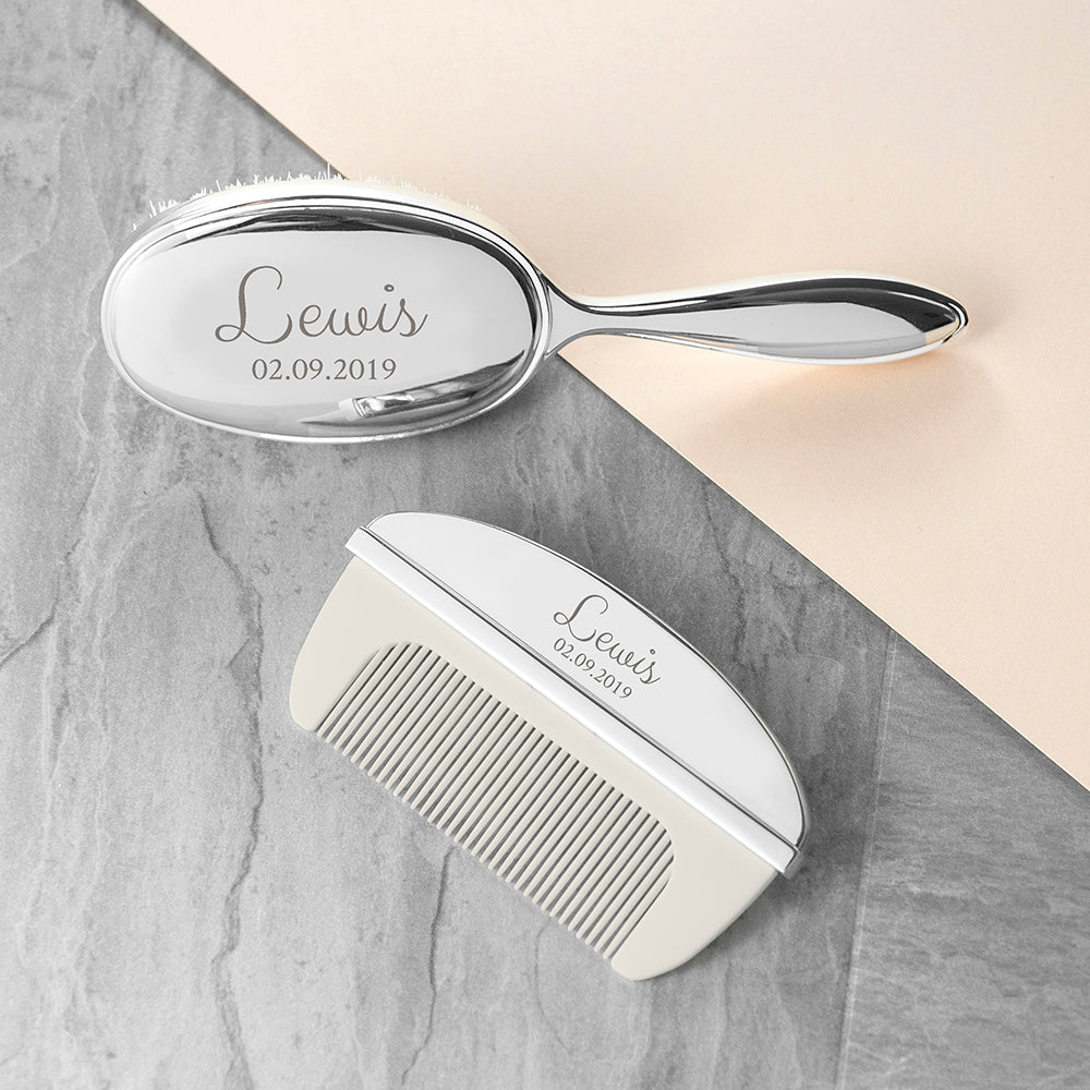 Silver plated brush and comb set personalised with the baby's name in script font and their date of birth or a small message of up to 20 characters in block font.