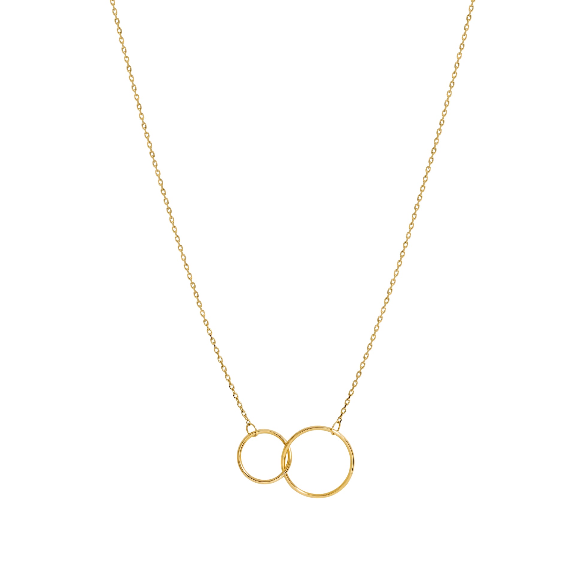 Entwined circles pendant in gold fill finish. Two sparkly entwined circles on an adjustable gold filled chain. 