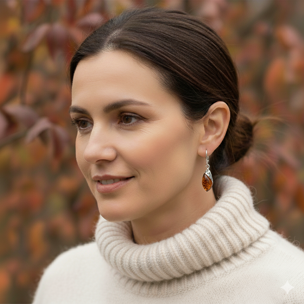 Sterling silver filigree earrings hold a cognac amber drop. Suspended from sterling silver leverback wires. shown worn
