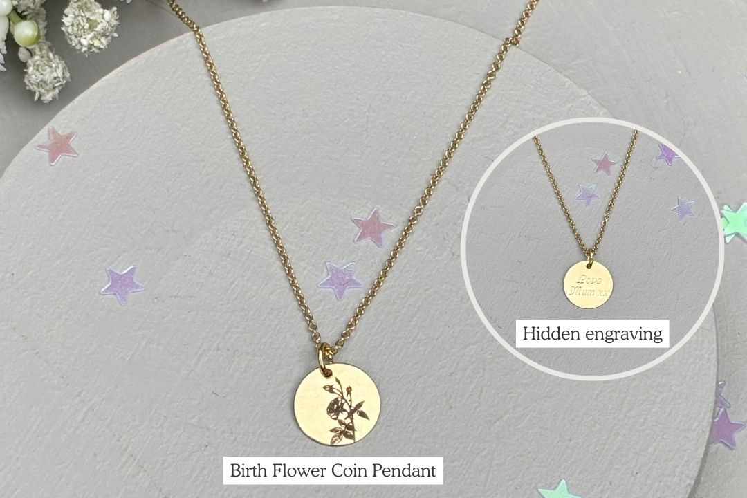 Birth month coin necklace with a hidden engraving on the reverse