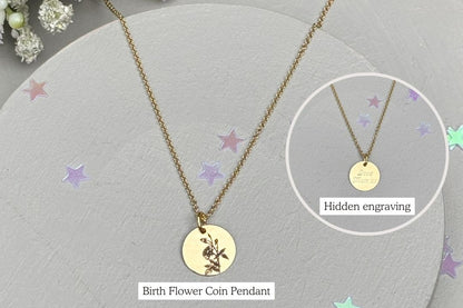 Birth month coin necklace with a hidden engraving on the reverse