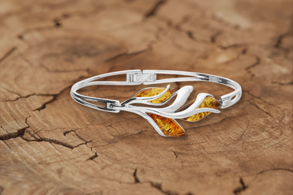 Sterling silver amber leaf bangle with cognac amber
