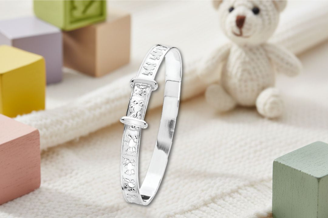 Teddy Bear engraved adjustable sterling silver baby bangle