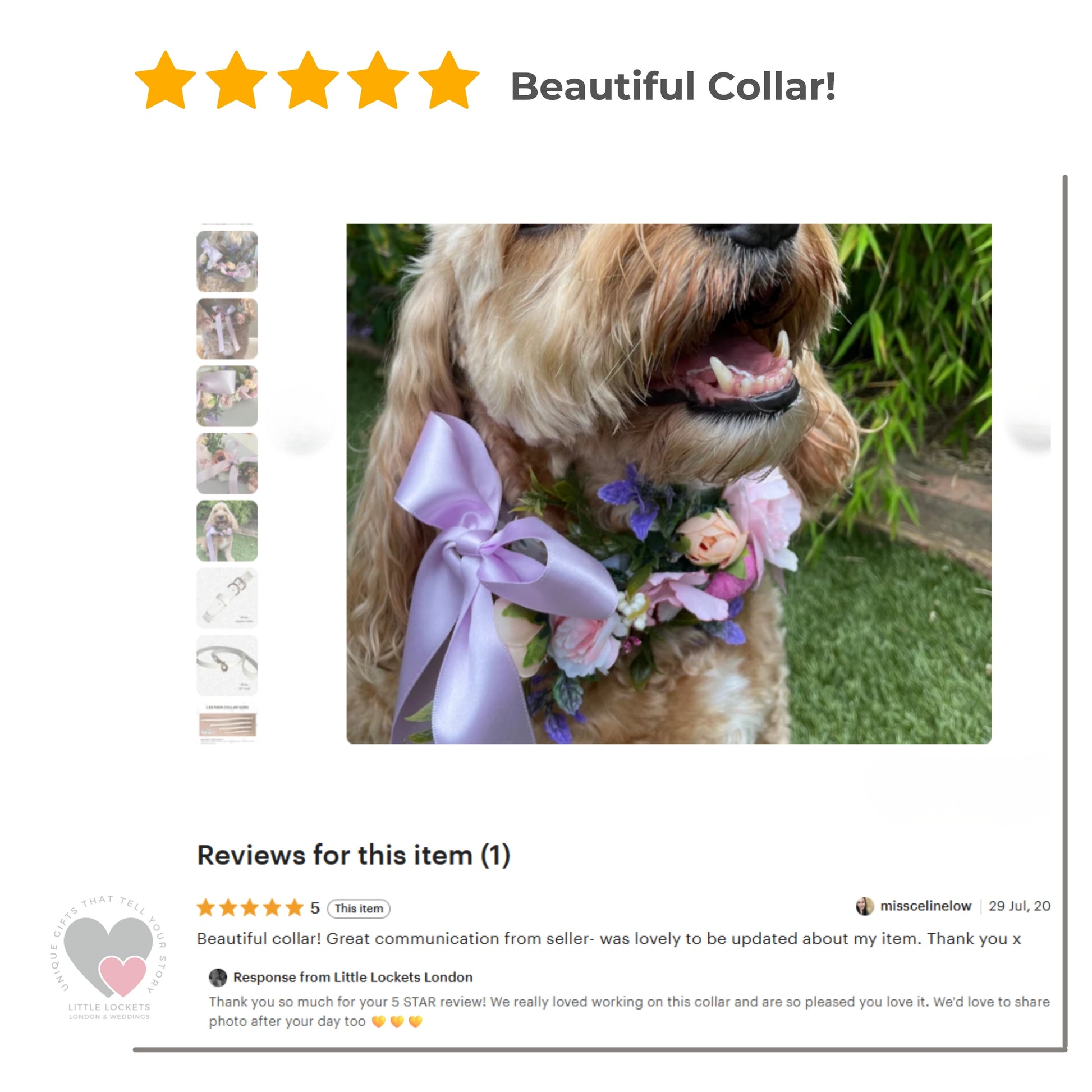 five star review for Dog flower garland on leather collar lilac tones
