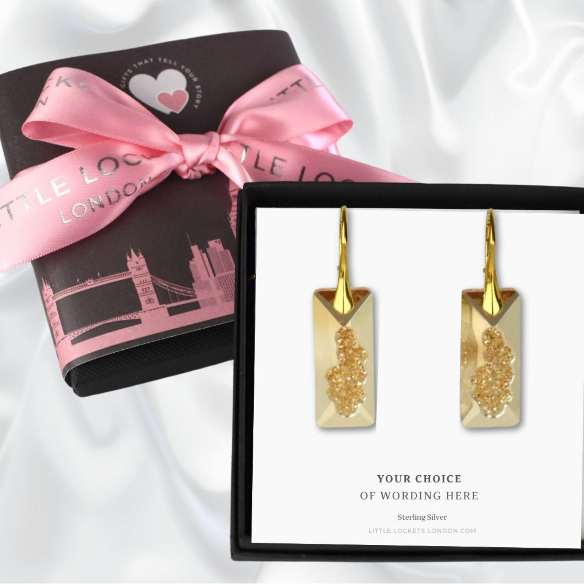 Golden shadow growing crystal earrings with gold plated sterling silver wires shown in gift box and cardwhere you can add your choice of wording. Shown here with optional additional gift wrap.