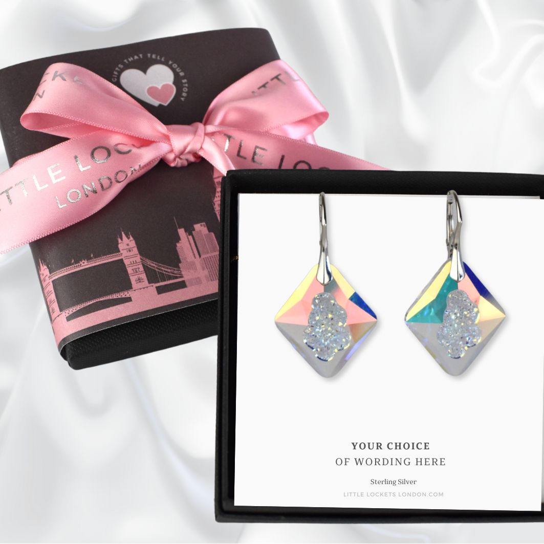 Your crystal earrings will arrive in a branded gift box and a card with the wording of your choice. Shown with optional upgraded gift wrap