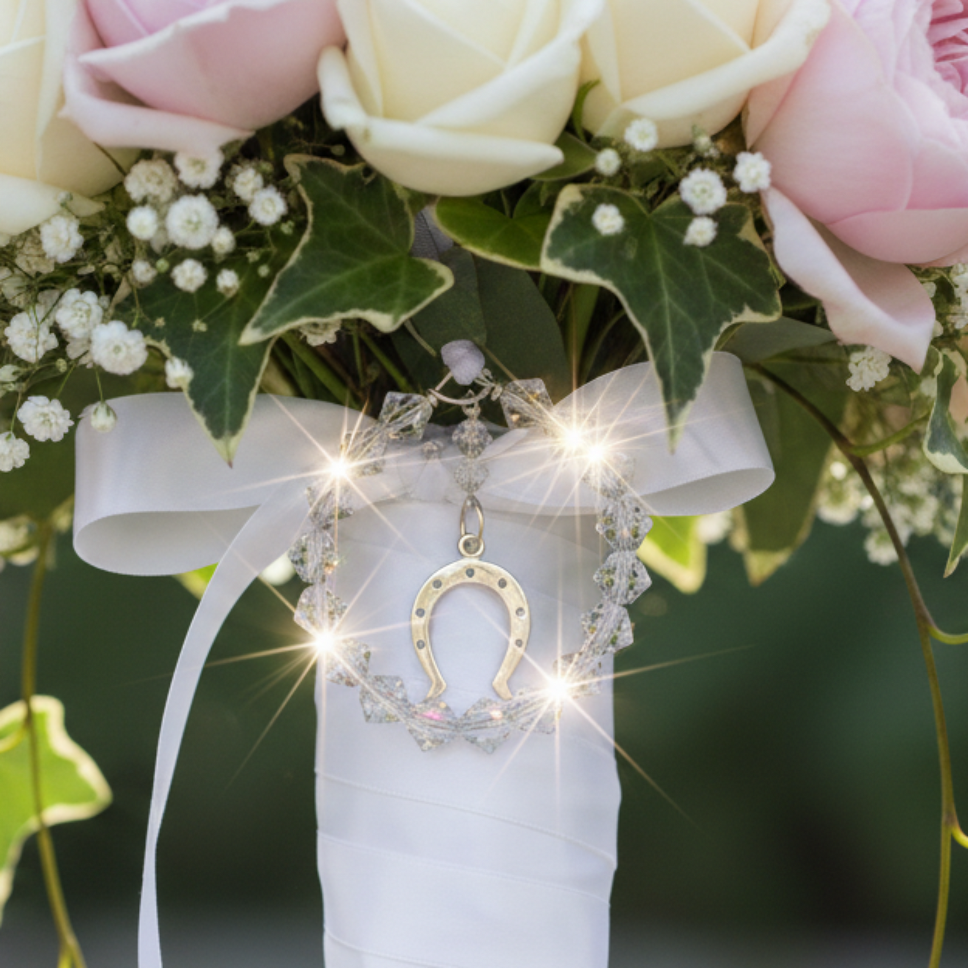 A circle of sparkling austrian crystals surrounds a sterling silver horseshoe making a beautiful charm for your wedding bouquet