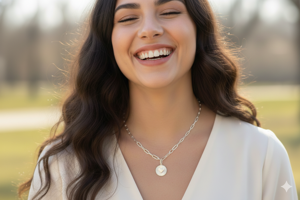 Model wears Sterling silver infinity link necklace with sunburst pendant