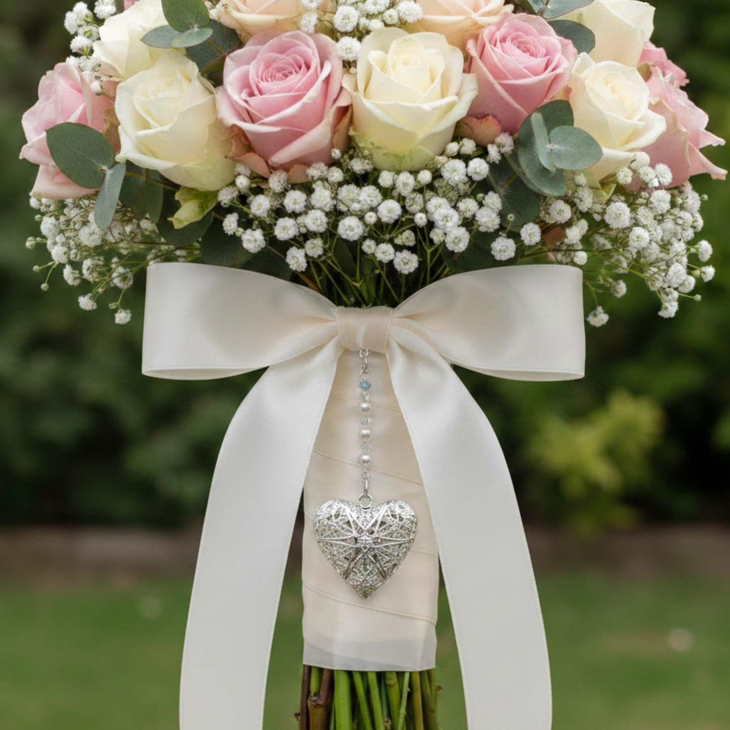 Our wedding bouquet memorial charm has a filigree opening locket which  is suspended from a row of shimmering clear crystals and glass pearts. Topped with a tiny blue crystal as a nod to something blue. Finished with a sterling silver chain and clasp, it can be securely fixed to the Bride's bouquet