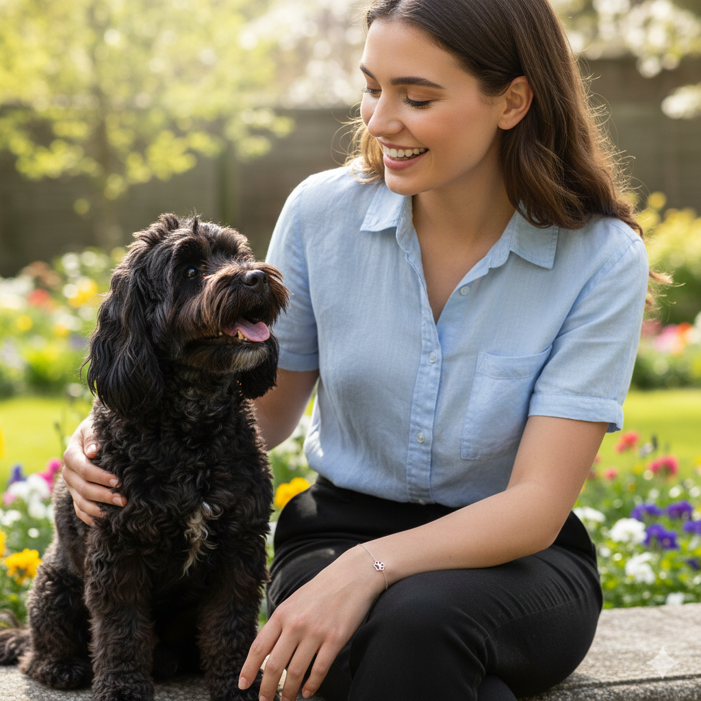 Model wears Sterling silver adjustable bracelet with paw print charm