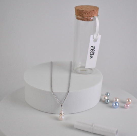 double pearl pendant and glass bottle bearing bridesmaids name