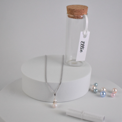 double pearl pendant and glass bottle bearing bridesmaids name