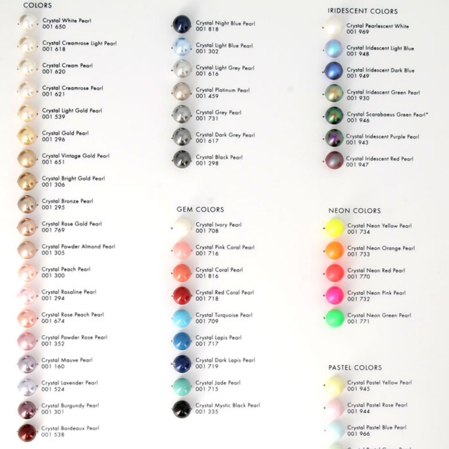 Chart of available pearl colours