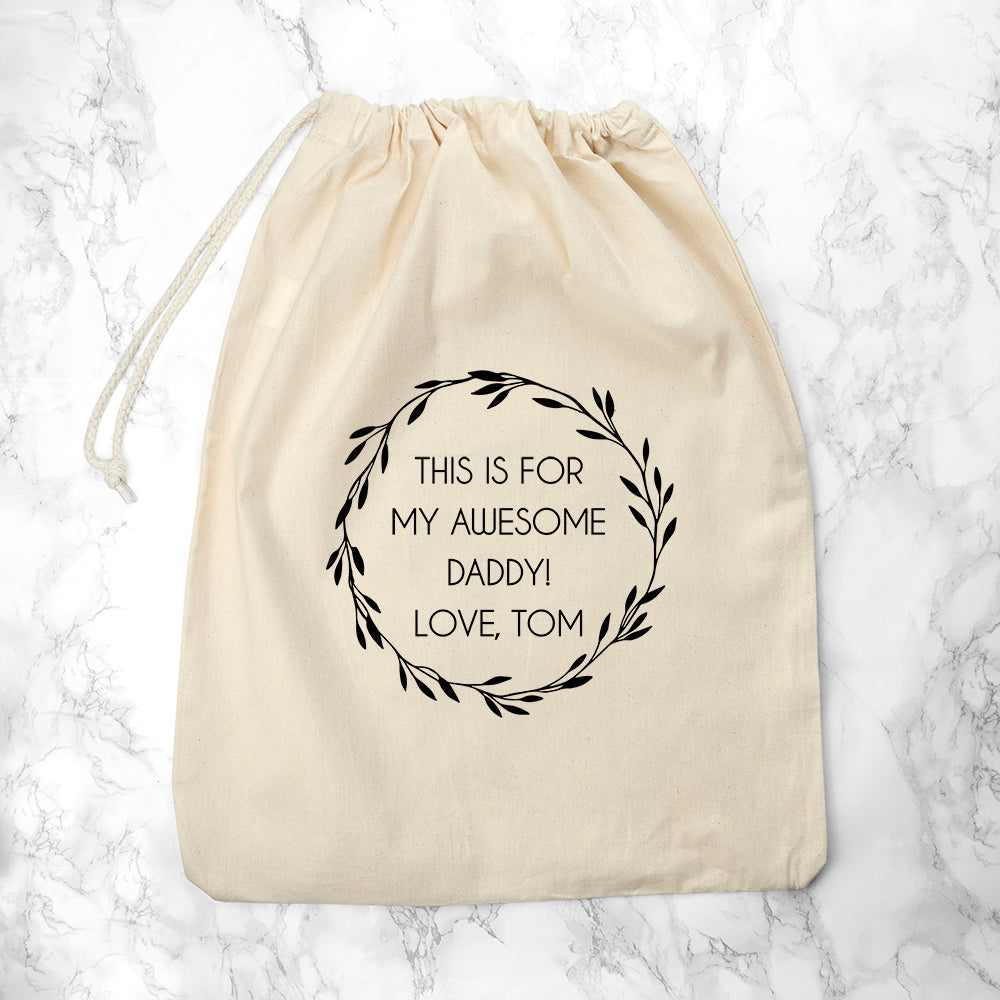 Drawstring canvas gift bag personalised with your own message