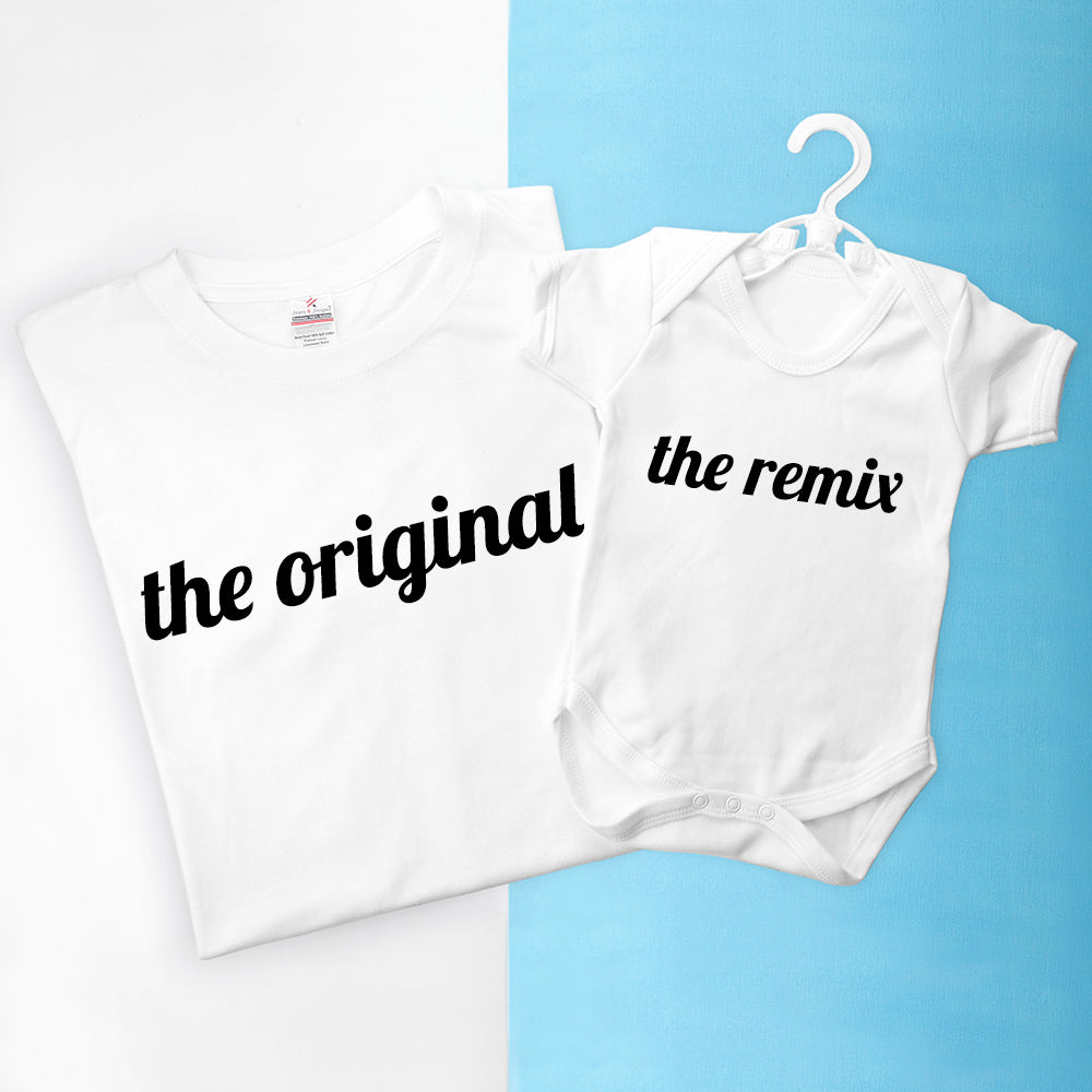 soft cotton adults t-shirt "the original" and baby all in one, the remix