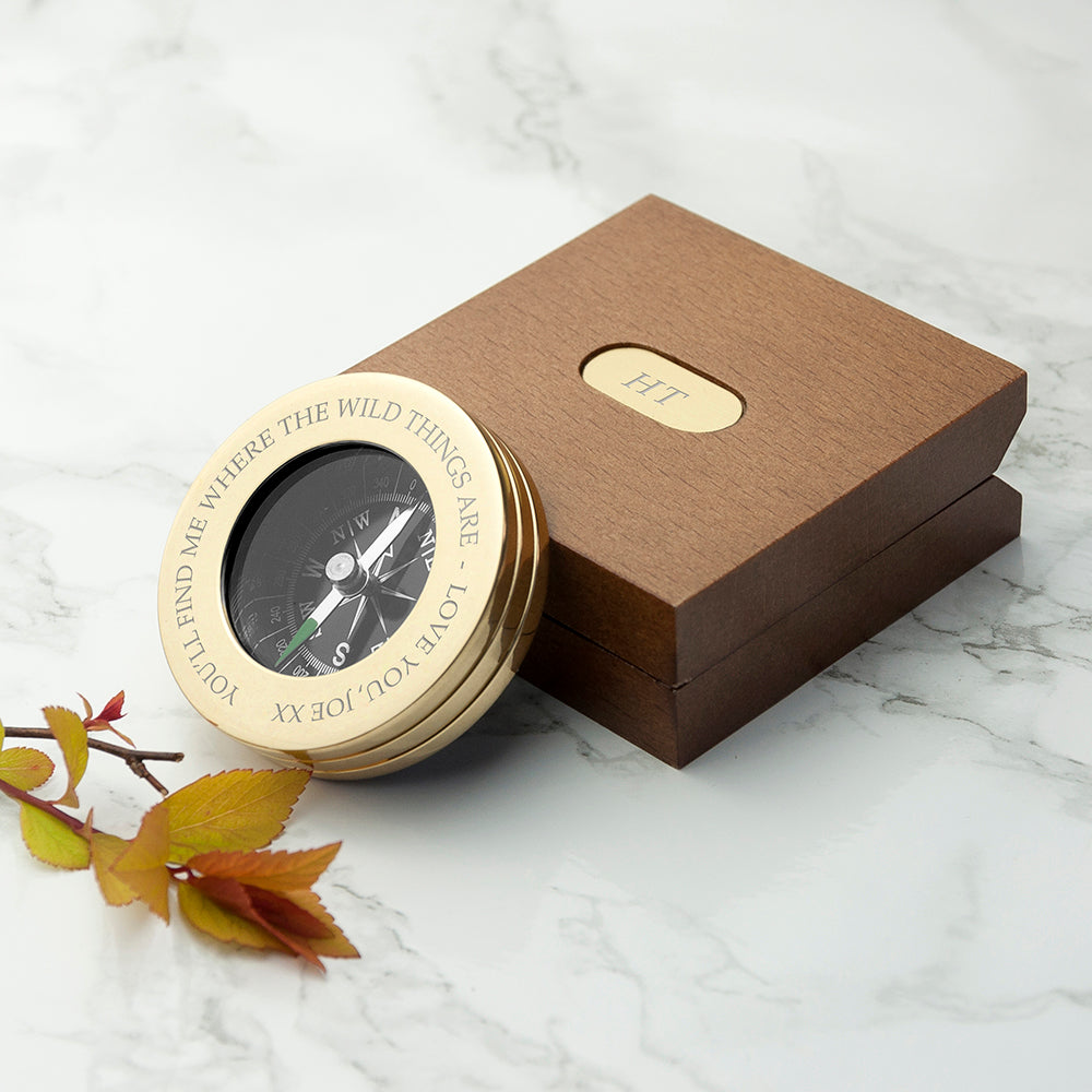 Personalised brass compass engraved with a message of your choice and presented in a mahogany stained box with a brass inset containing up to four characters.