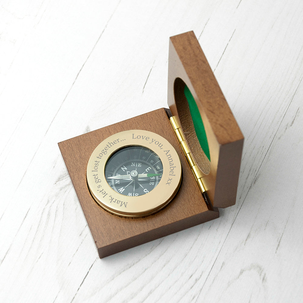 Personalised brass compass engraved with a message of your choice and presented in a mahogany stained box with a brass inset containing up to four characters.