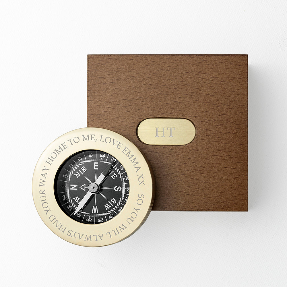 Personalised Brass Traveller's Compass with Wooden Box