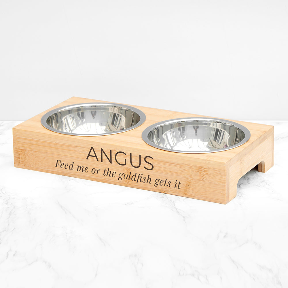 bamboo stand engraved with pets name and personal message holds two stainless steel bowls each of 300ml capacity