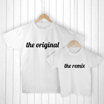 Adult soft cotton t-shirt with the words "the original" accompanied by child's soft cotton t-shirt, "the remix"