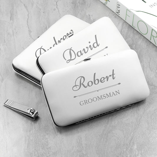 Manicure set personalised with name or with name and wedding role - shown in white