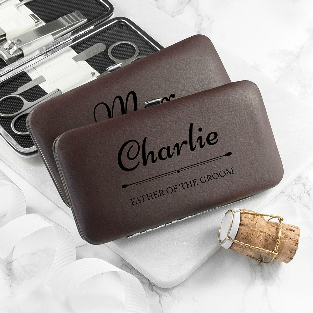 Manicure set personalised with name or with name and wedding role - shown in brown