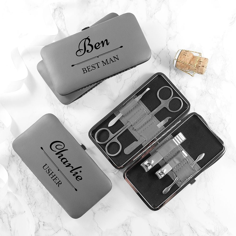 Manicure set personalised with name or with name and wedding role - shown in grey