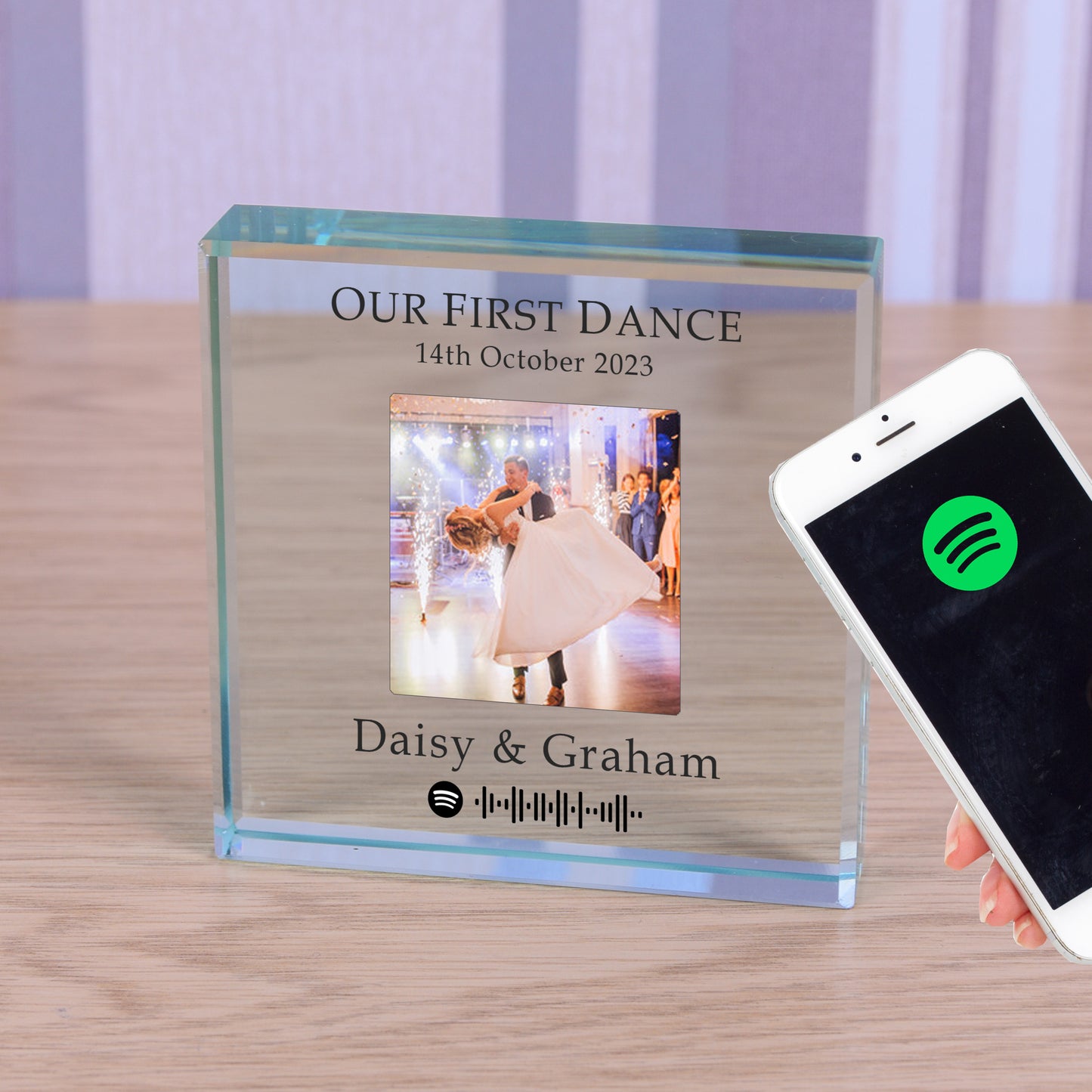 glass photoblock with wedding date, couples details and code for their first dance, playable through Spotify.