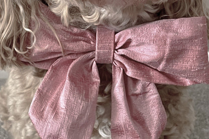 Pink silk dupion Sailor Bow collar for dogs on white leather collar
