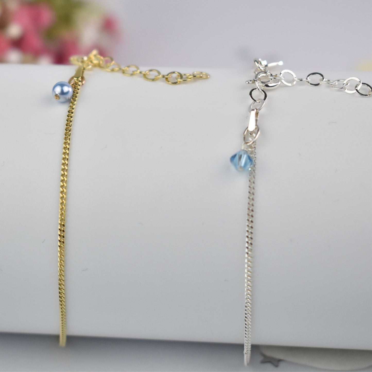 Something Blue anklet available in your choice of sterling silver or sterling silver with gold plating. Choice of blue pearl or blue crystal to finish your anklet.