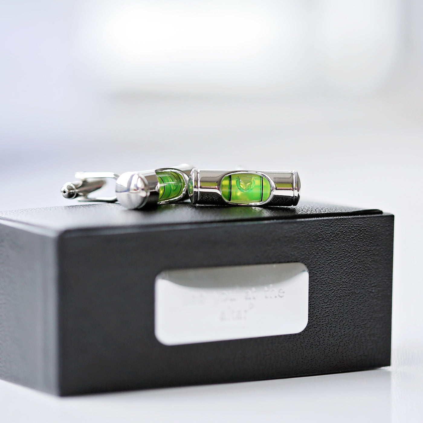 spirit level cufflinks in personalised gift box